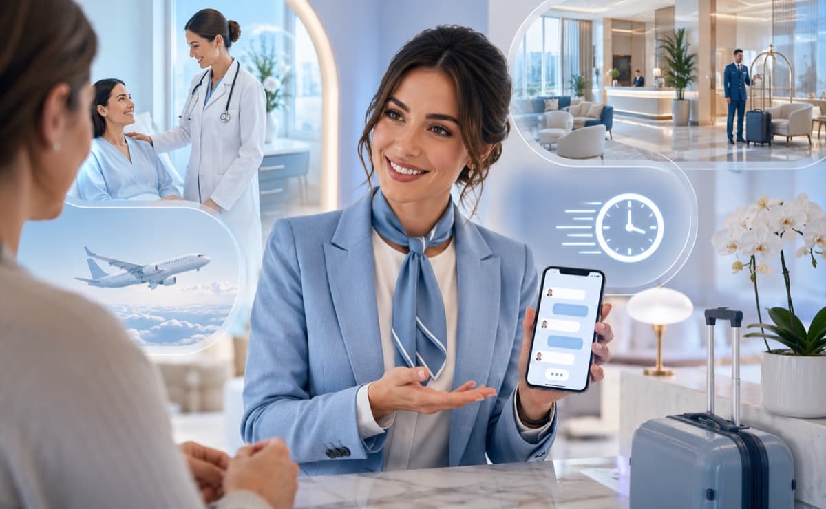 Assistant in a suit showing a smartphone with the support chat, with a doctor on a video call, a plane and a hotel lobby in the background