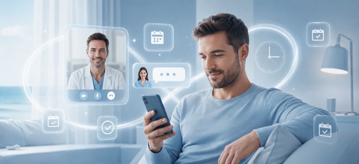 Relaxed patient on a sofa in a video consultation with the doctor via smartphone, with calendar and clock icons for the scheduled checks