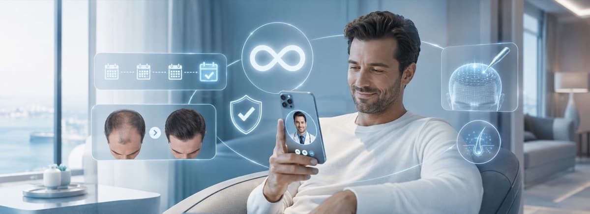 Smiling man using his smartphone, with before/after transplant result graphics, an infinity symbol and a guarantee shield