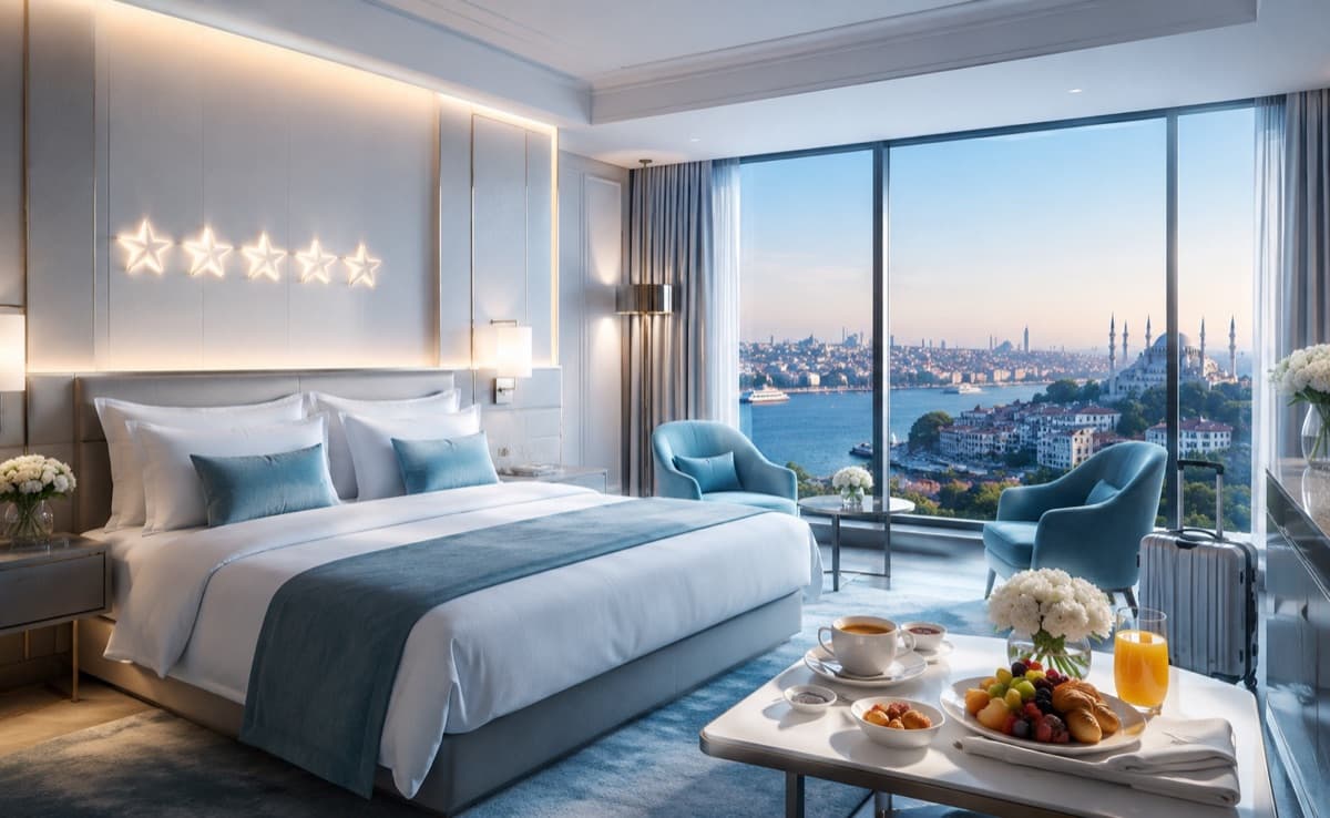 5-star hotel suite with a king-size bed and a panoramic view over the Bosphorus, breakfast served in the room