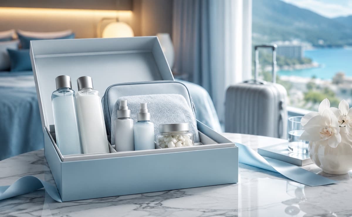 Post-op kit with bottles, lotions and vitamins in an elegant box on a marble table, hotel room with sea view in the background