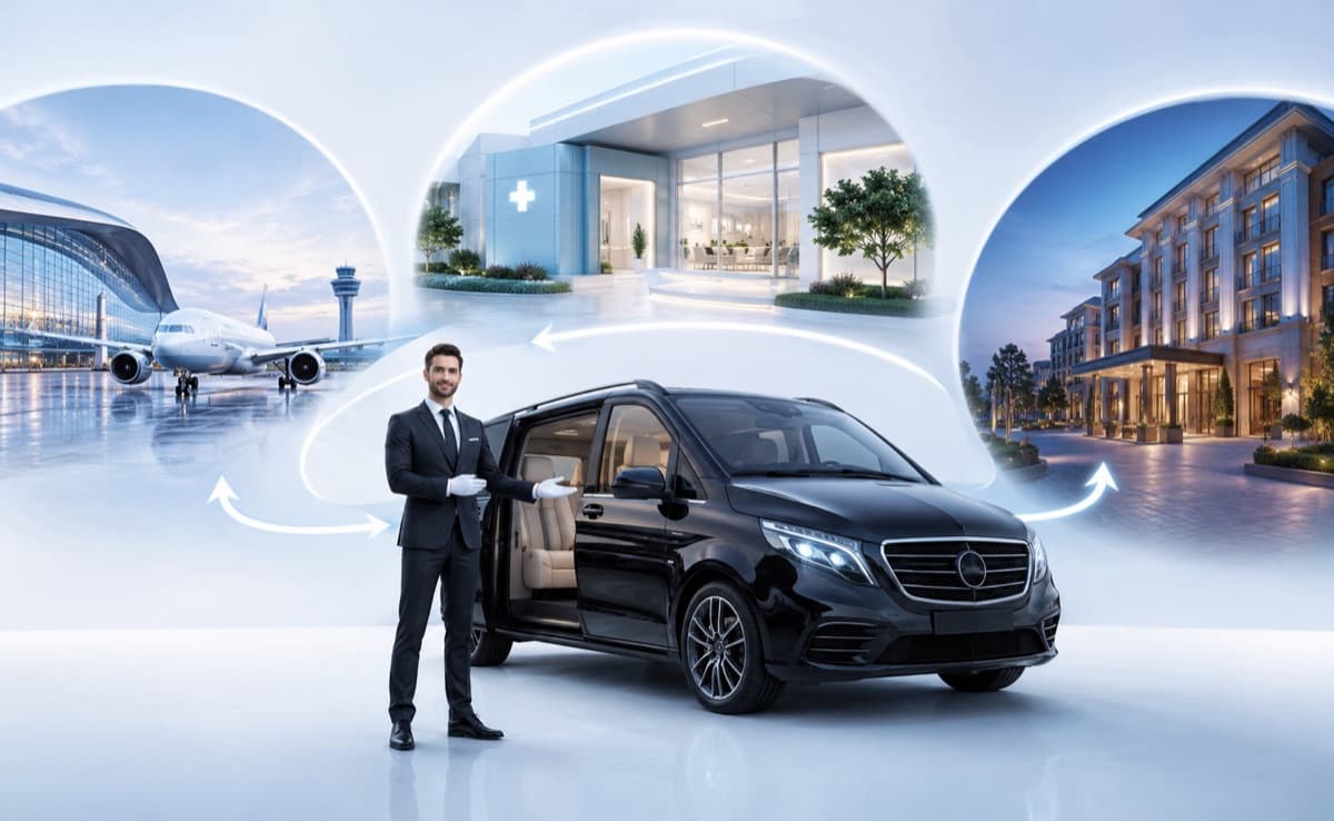 Driver in a suit beside a luxury black van, with the airport, studio and hotel connected by arrows in the background