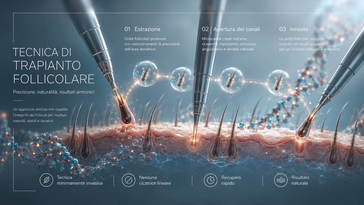 Diagram of the FUE follicular transplant technique: extraction, channel opening, implantation