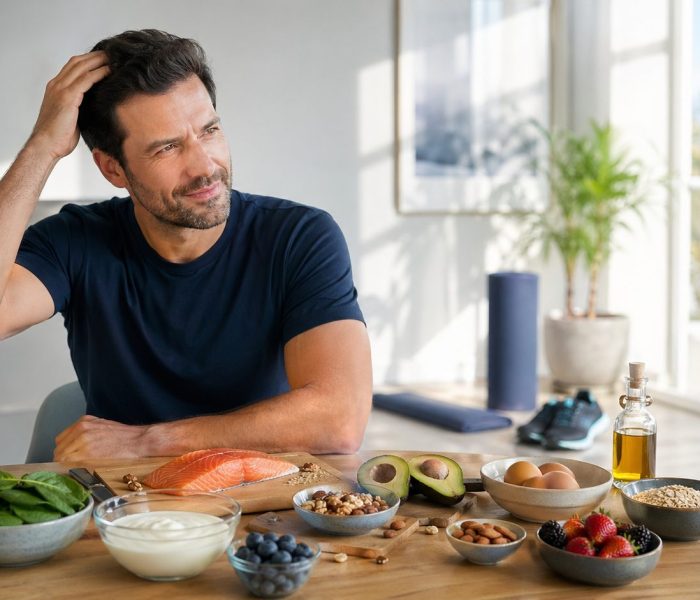 Uomo a colazione con cibi ricchi di proteine, ferro e vitamine: alimentazione corretta dopo trapianto di capelli