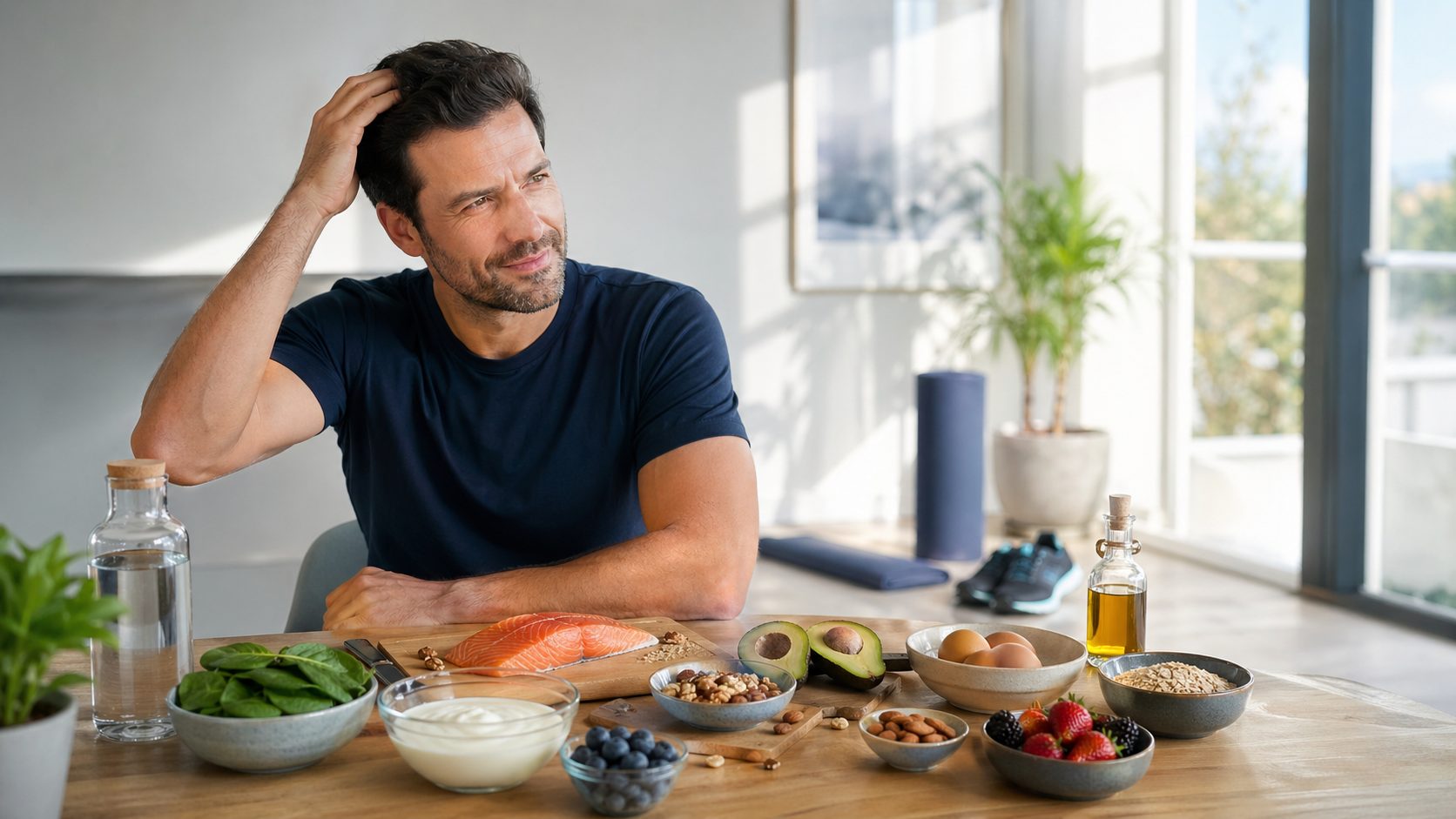 Uomo a colazione con cibi ricchi di proteine, ferro e vitamine: alimentazione corretta dopo trapianto di capelli