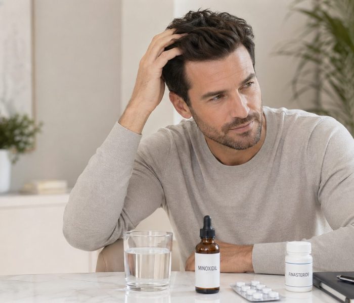 Uomo applica minoxidil topico sul cuoio capelluto: terapia di mantenimento dopo il trapianto di capelli