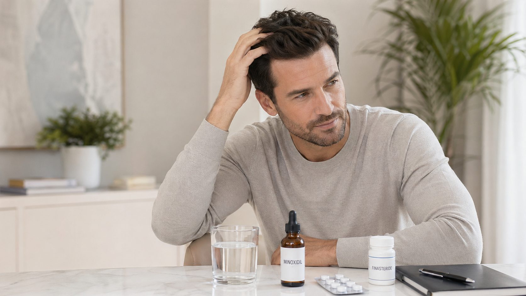 Uomo applica minoxidil topico sul cuoio capelluto: terapia di mantenimento dopo il trapianto di capelli