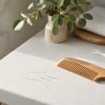 Pettine in legno chiaro su lavandino bianco con pochi capelli caduti