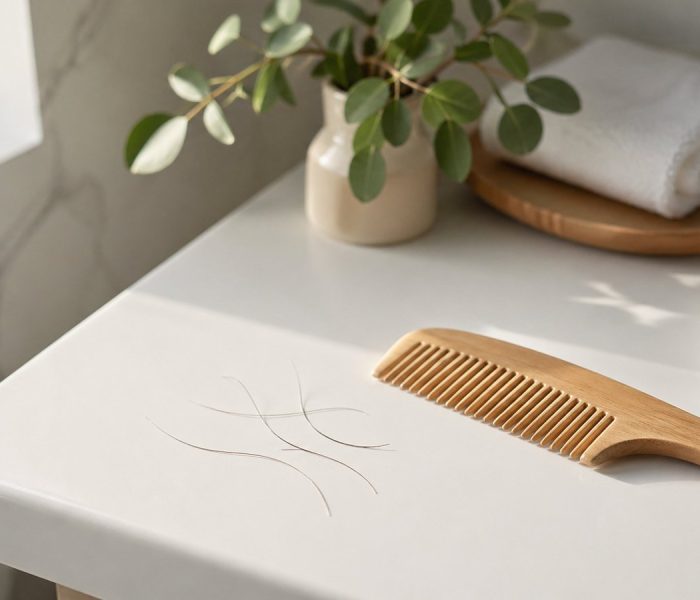 Pettine in legno chiaro su lavandino bianco con pochi capelli caduti