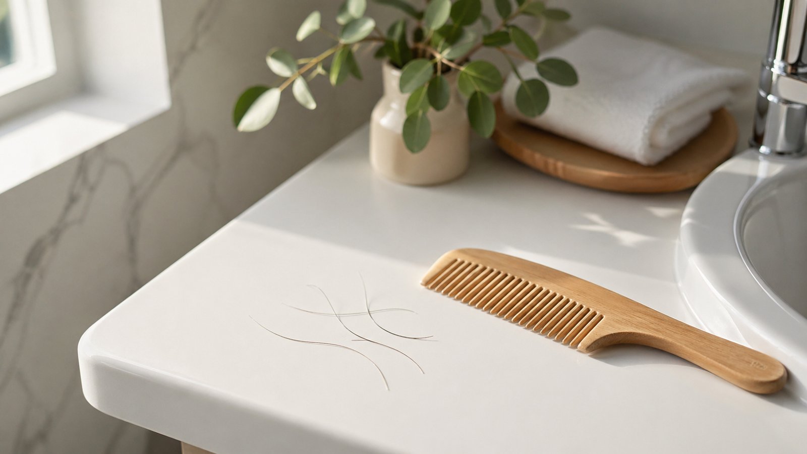 Pettine in legno chiaro su lavandino bianco con pochi capelli caduti