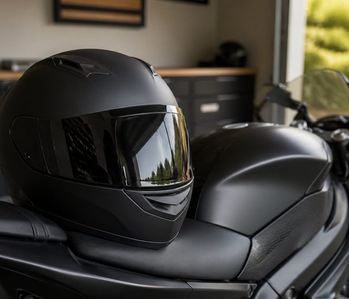 Casco moto integrale nero appoggiato sulla sella di una moto sportiva