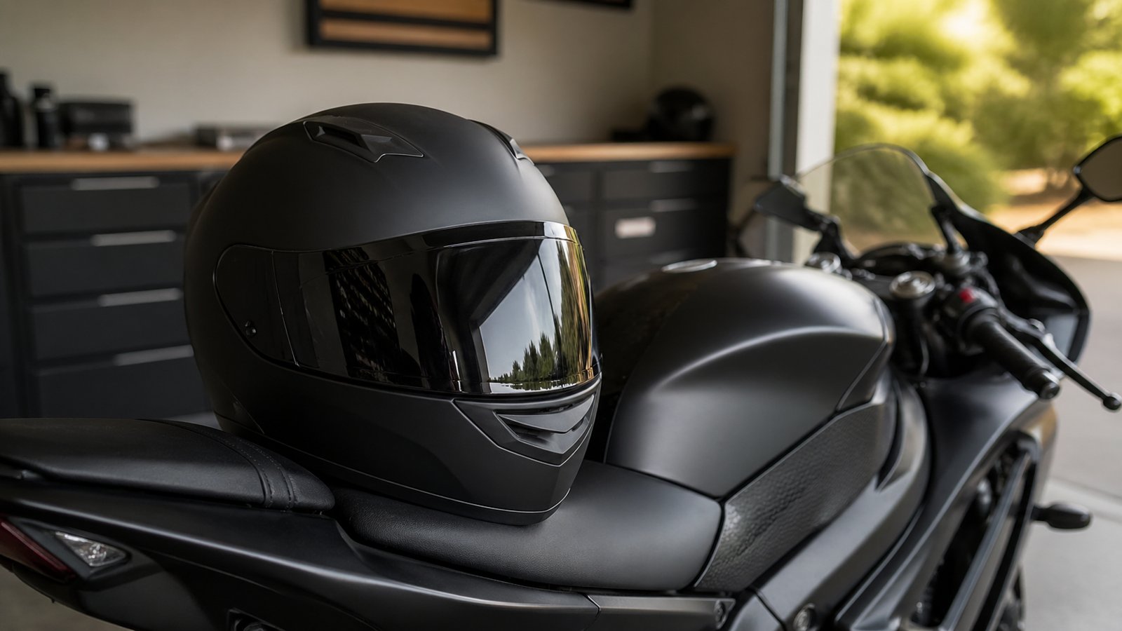 Casco moto integrale nero appoggiato sulla sella di una moto sportiva