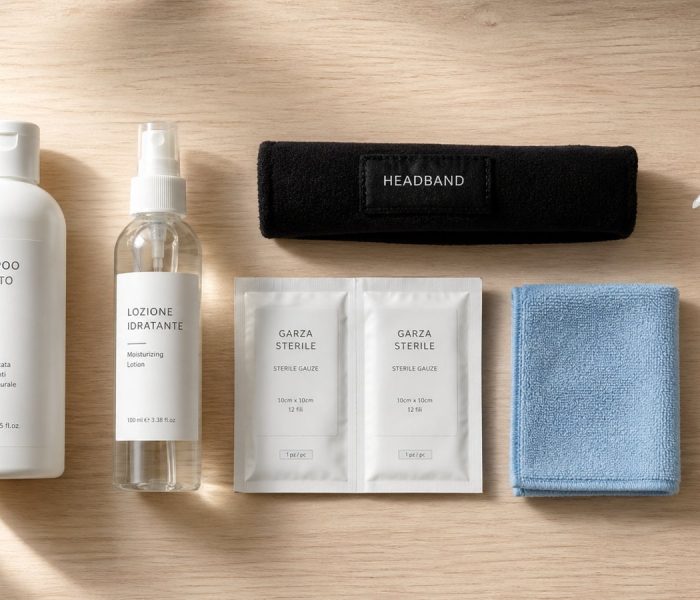 Kit post-operatorio per il trapianto di capelli con shampoo, lozione, garze e fascia
