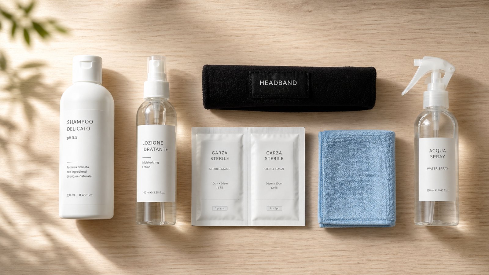 Kit post-operatorio per il trapianto di capelli con shampoo, lozione, garze e fascia
