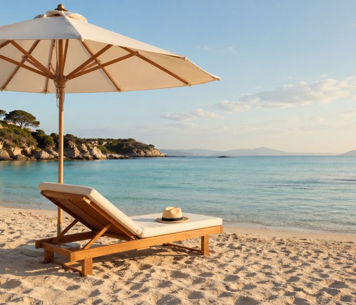 Spiaggia mediterranea con ombrellone bianco e cappello panama