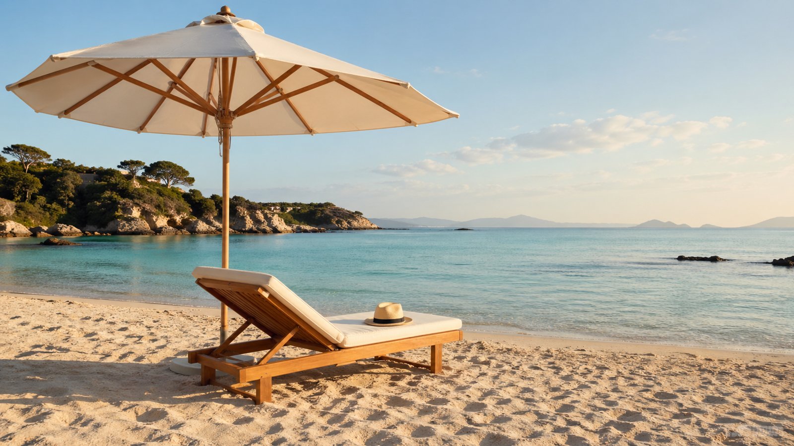 Spiaggia mediterranea con ombrellone bianco e cappello panama