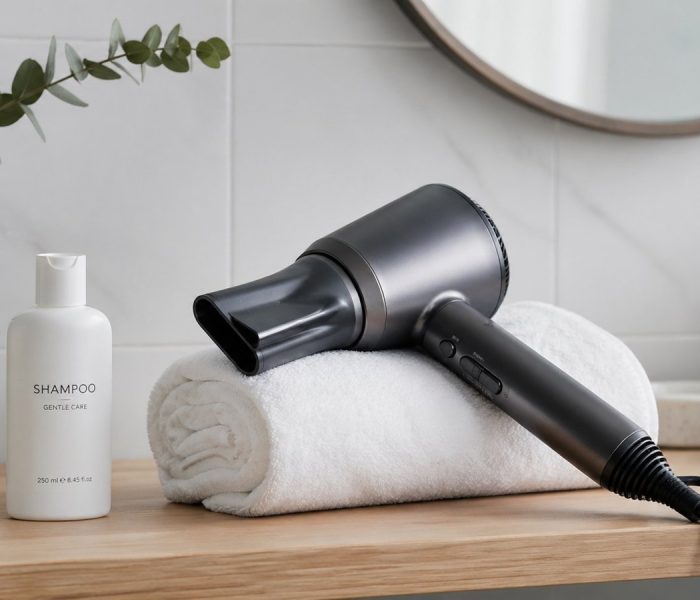 Phon professionale appoggiato su asciugamano bianco arrotolato in bagno spa
