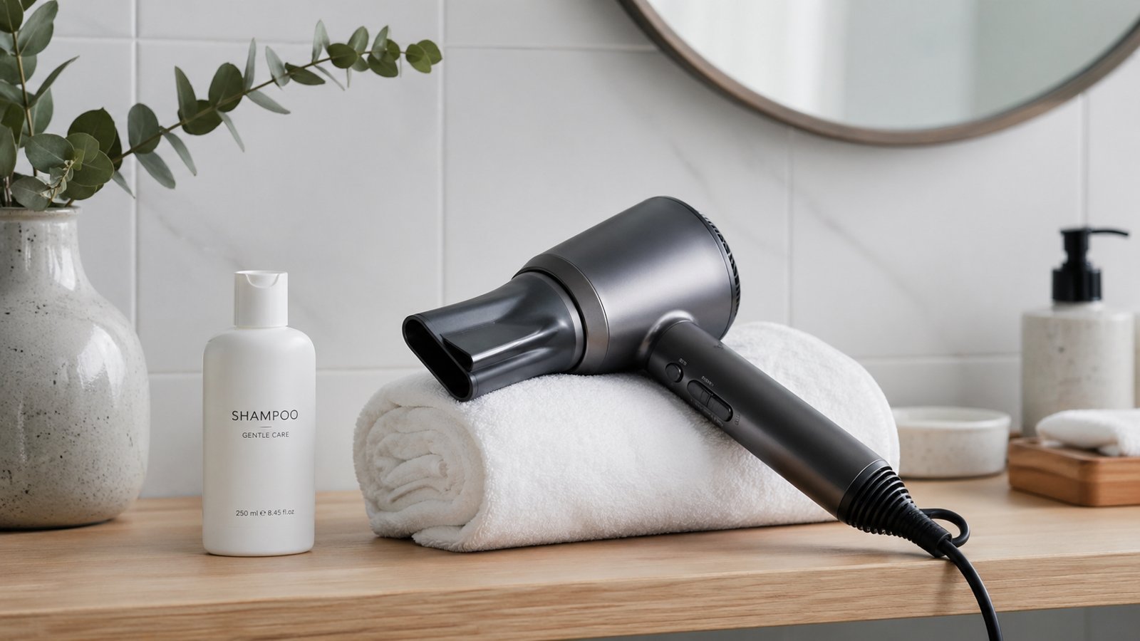 Phon professionale appoggiato su asciugamano bianco arrotolato in bagno spa