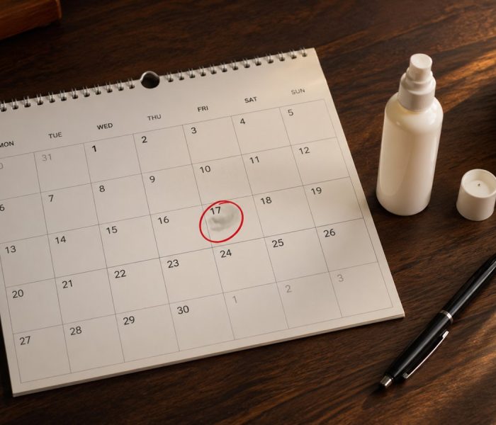 Calendario con data cerchiata in rosso e flacone di minoxidil chiuso