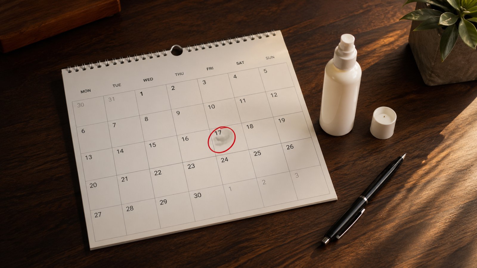 Calendario con data cerchiata in rosso e flacone di minoxidil chiuso