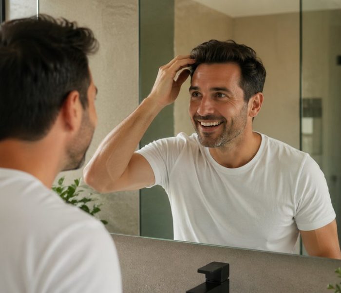 Uomo allo specchio dopo il trapianto di capelli che osserva la timeline di ricrescita