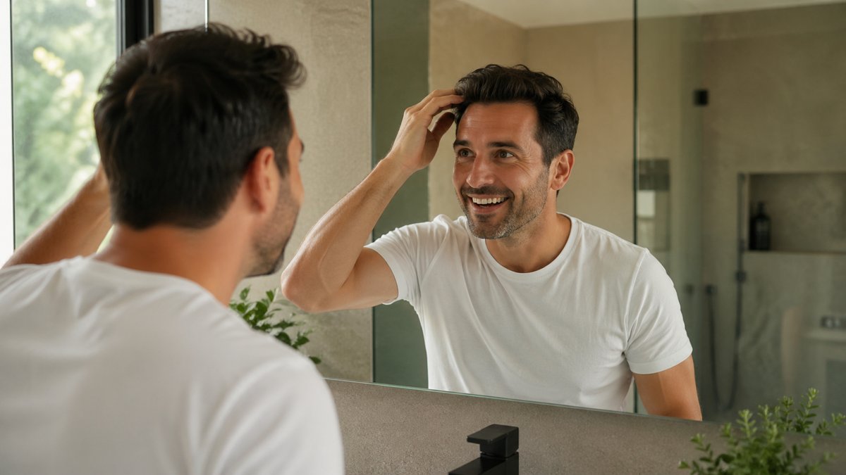 Uomo allo specchio dopo il trapianto di capelli che osserva la timeline di ricrescita