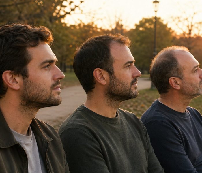 Tre uomini italiani di età diverse seduti su una panchina al tramonto