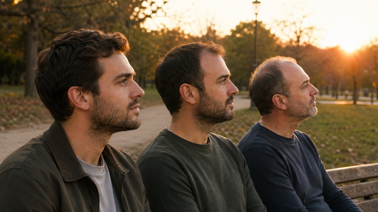 Tre uomini italiani di età diverse seduti su una panchina al tramonto