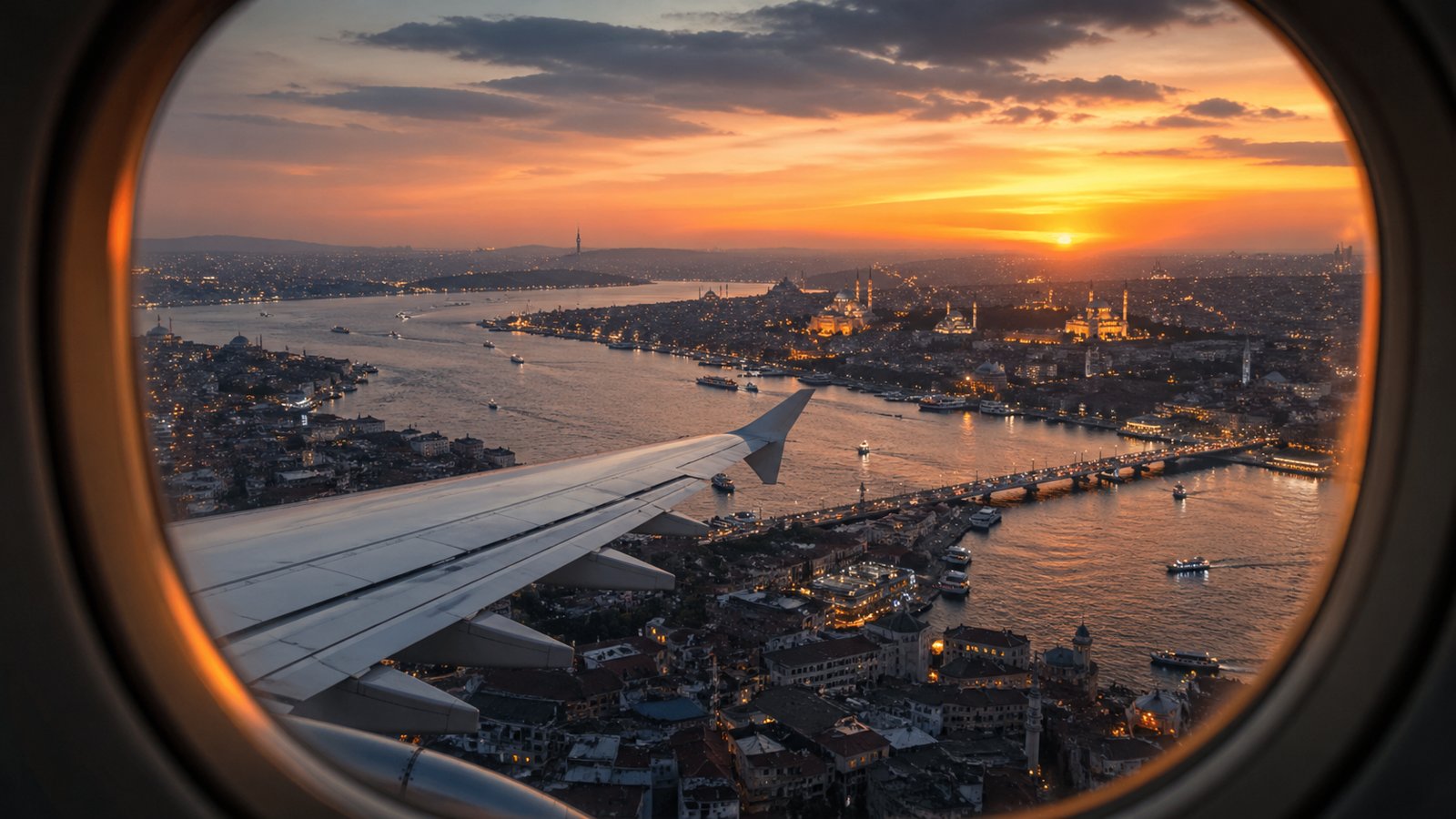 Vista dal finestrino di un aereo sul Bosforo e i minareti di Istanbul al tramonto